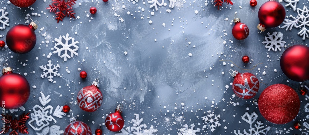 Poster Festive winter border featuring decorative baubles, snowflakes on a grey background. Perfect for Christmas and New Year compositions with a flat lay design and space for additional images.
