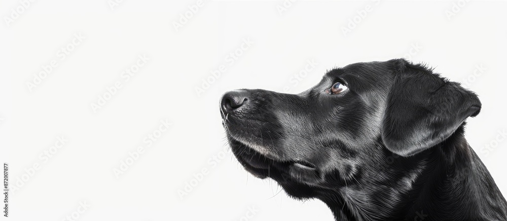 Poster A black Labrador Retriever gazes upward in a portrait isolated on a white background, providing ample copy space on the right side for text or graphics.