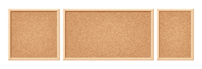 Cork board. Noticeboard with cork texture in square and rectangular wooden frame. Corkboard, blank pin board with brown grain texture for school or office announcement. Realistic 3d vector set