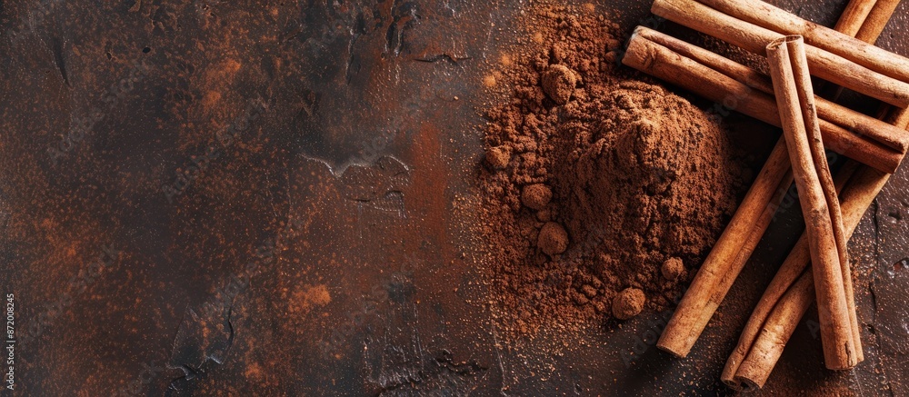 Poster Cinnamon sticks and ground powder in a setting with empty space for additional elements in the image.