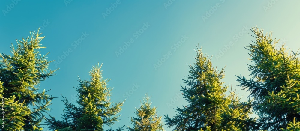 Poster close-up view of pine tree tops against a blue sky, suitable for copy space image.