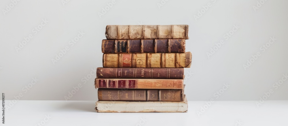 Leinwandbilder a close-up front view of seven stacked old shabby books on a white background with copy space image.