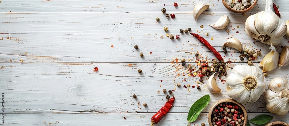 Poster white wooden table background with garlic and spices, ideal for showcasing with copy space image.