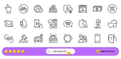No alcohol, Qr code and Click hand line icons for web app. Pack of Bicycle prohibited, Washing machine, Timer pictogram icons. Lamp, 360 degree, Smartphone signs. Auction hammer, Parking. Vector