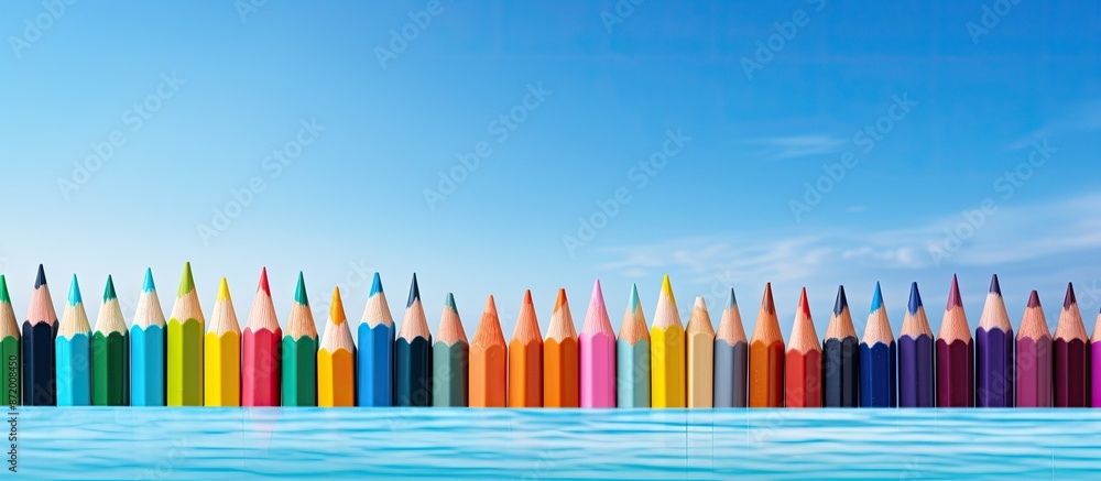 Poster An assortment of vibrant crayons in various sizes arranged neatly at the bottom left of an ocean blue background in a closeup shot with copy space image.
