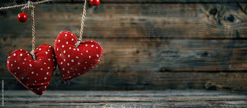 Aufkleber two red heart decorations hanging on a cloth line against a wooden backdrop with space for text. val