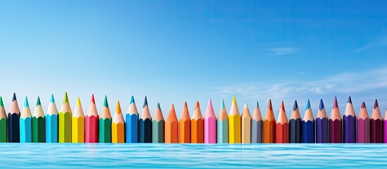 Obraz premium An assortment of vibrant crayons in various sizes arranged neatly at the bottom left of an ocean blue background in a closeup shot with copy space image.