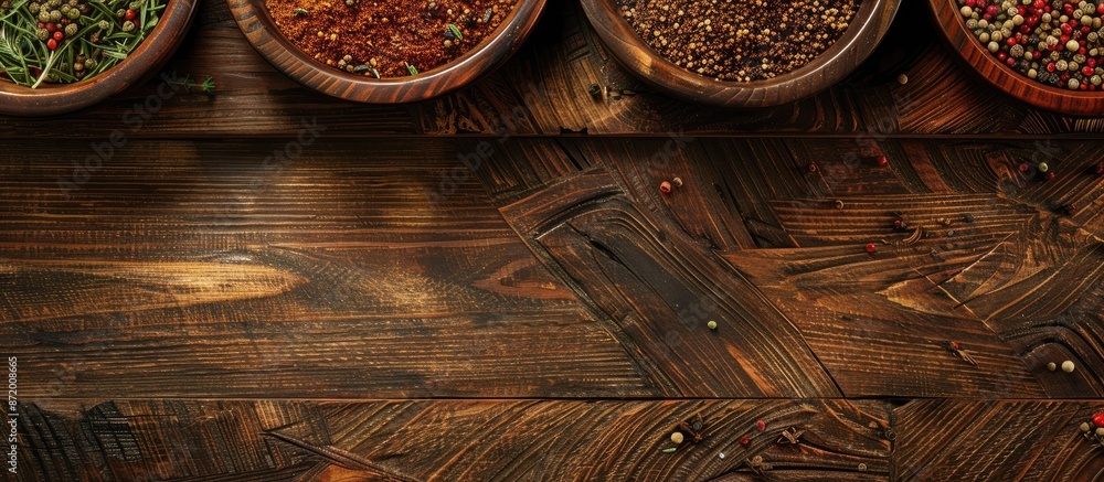 Poster Top view of spices displayed on a wooden plate placed on a wooden table, with available copy space in the image.