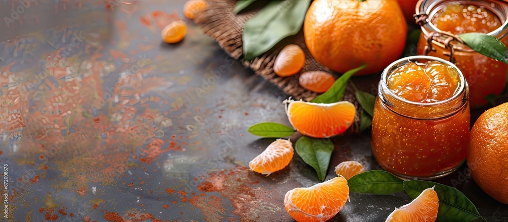 Poster rustic background featuring homemade tangerine fruit preserve with copy space image.