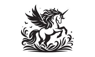 unicorn, Magic unicorn silhouette, Silhouette of a flying unicorn, Unicorn head circle tattoo illustration, horses tattoo. Black unicorn silhouette vector style and white background