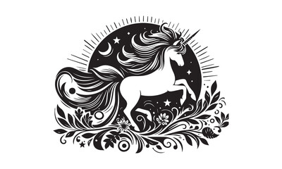 unicorn, Magic unicorn silhouette, Silhouette of a flying unicorn, Unicorn head circle tattoo illustration, horses tattoo. Black unicorn silhouette vector style and white background