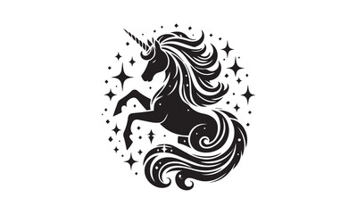 unicorn, Magic unicorn silhouette, Silhouette of a flying unicorn, Unicorn head circle tattoo illustration, horses tattoo. Black unicorn silhouette vector style and white background