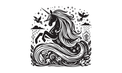 unicorn, Magic unicorn silhouette, Silhouette of a flying unicorn, Unicorn head circle tattoo illustration, horses tattoo. Black unicorn silhouette vector style and white background