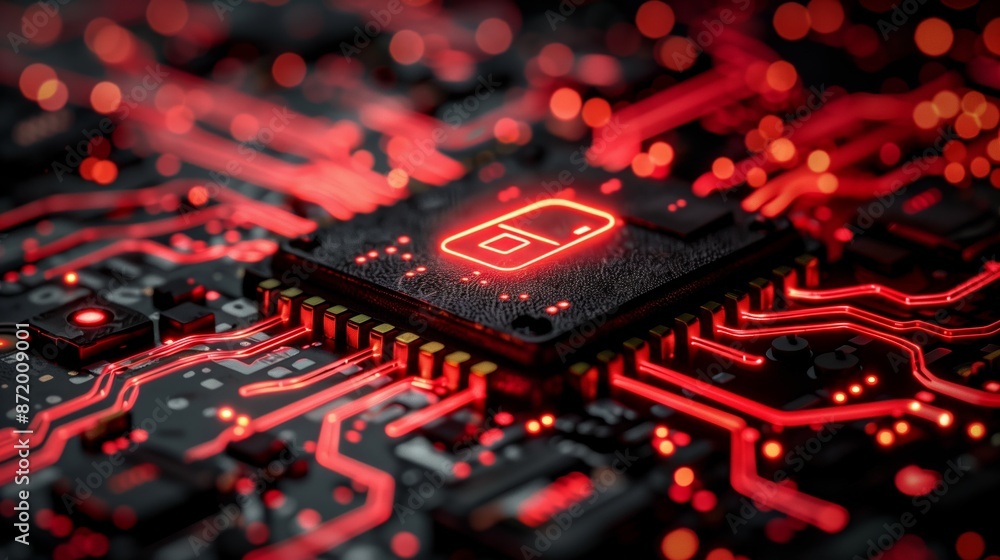 Poster A close-up image of a red-illuminated circuit board with a glowing symbol in the center. The intricate circuitry is visible and highlighted by the bright red light.