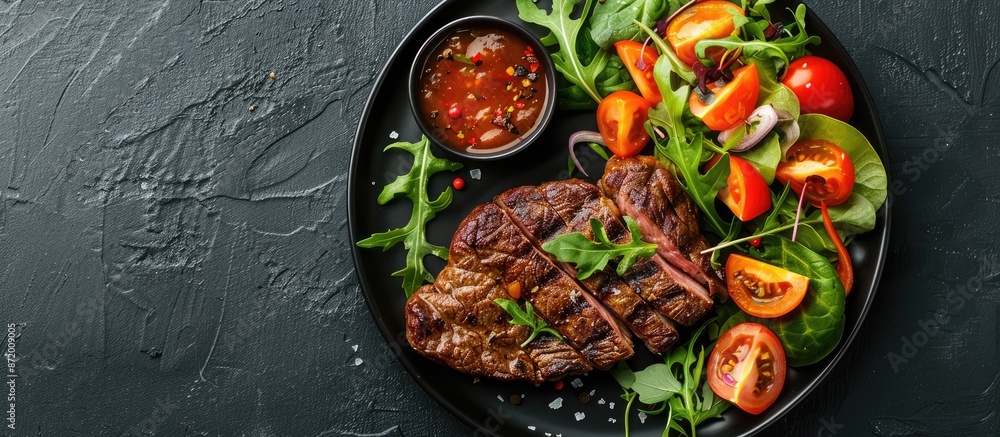 Leinwandbilder Top-down view of a beef steak served with a fresh salad and savory sauce, displaying a vacant area for adding your text or copy space image.