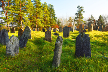 Cemetery with graves and tombstones. Abandoned grave. Gravestone on graveyard in forest. Old tombstone in old Jewish Cemetery. Tombstones on graveyard. Funeral concept.