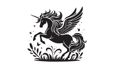 unicorn, Magic unicorn silhouette, Silhouette of a flying unicorn, Unicorn head circle tattoo illustration, horses tattoo. Black unicorn silhouette vector style and white background