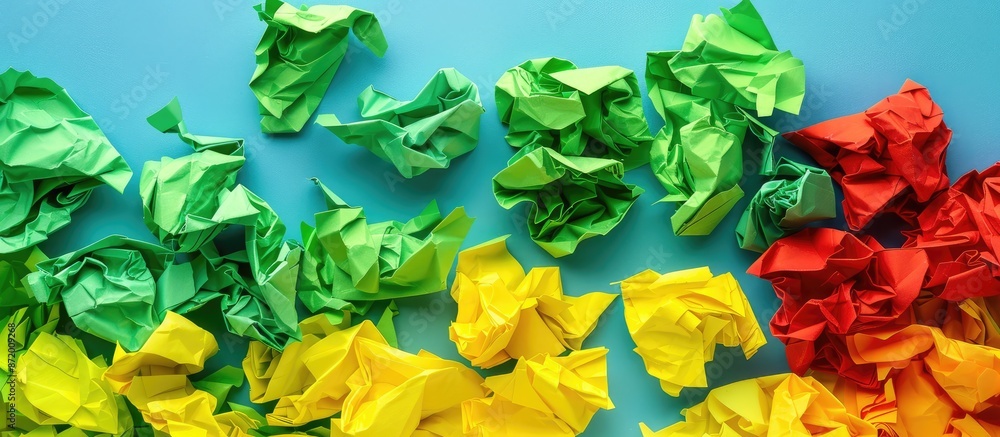 Poster a vibrant assortment of crumpled papers in green, yellow, and red hues on a soft pastel blue backdro