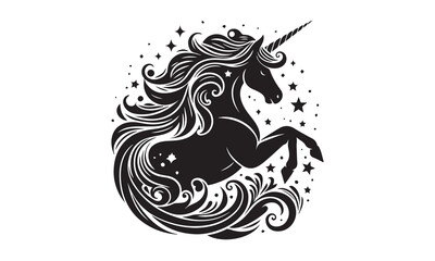 unicorn, Magic unicorn silhouette, Silhouette of a flying unicorn, Unicorn head circle tattoo illustration, horses tattoo. Black unicorn silhouette vector style and white background