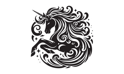 unicorn, Magic unicorn silhouette, Silhouette of a flying unicorn, Unicorn head circle tattoo illustration, horses tattoo. Black unicorn silhouette vector style and white background