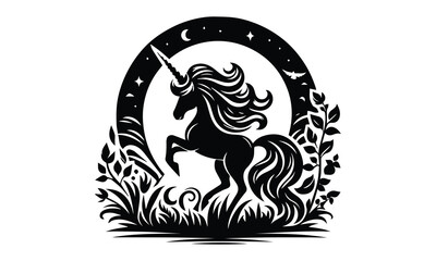 unicorn, Magic unicorn silhouette, Silhouette of a flying unicorn, Unicorn head circle tattoo illustration, horses tattoo. Black unicorn silhouette vector style and white background