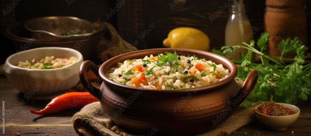 Aufkleber Vegetable rice soup displayed as a rustic vegan meal snack on a table with a food background and copy space image.