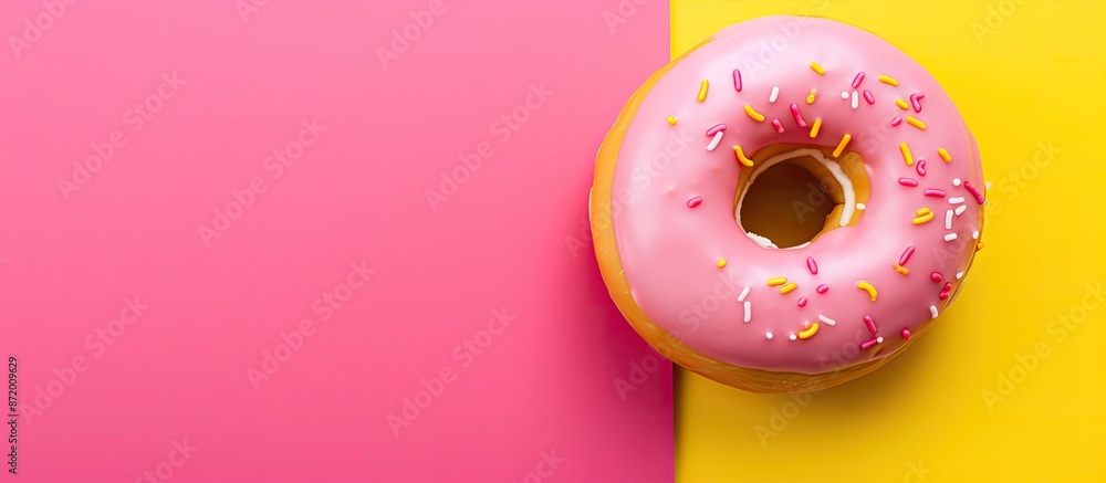 Poster Close-up of a pink doughnut on a vibrant yellow backdrop with ample copy space image.