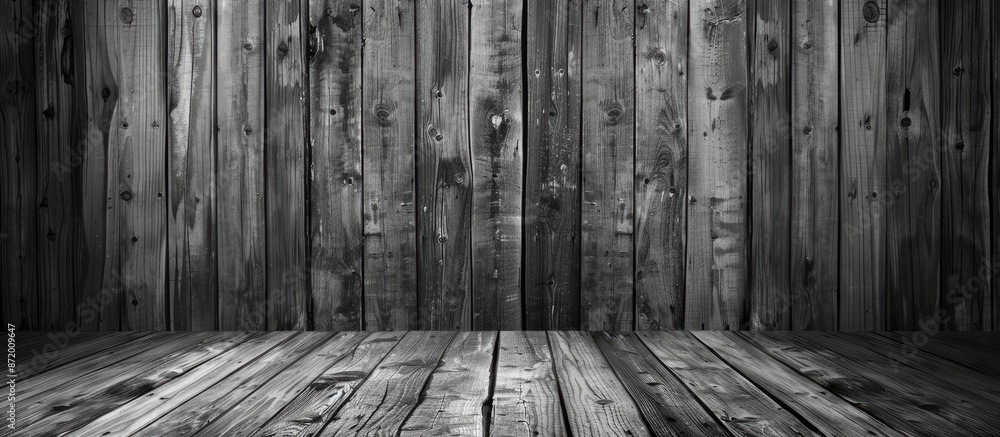 Poster vintage wooden background in black and white shades with open space for text, showcasing a rustic ba