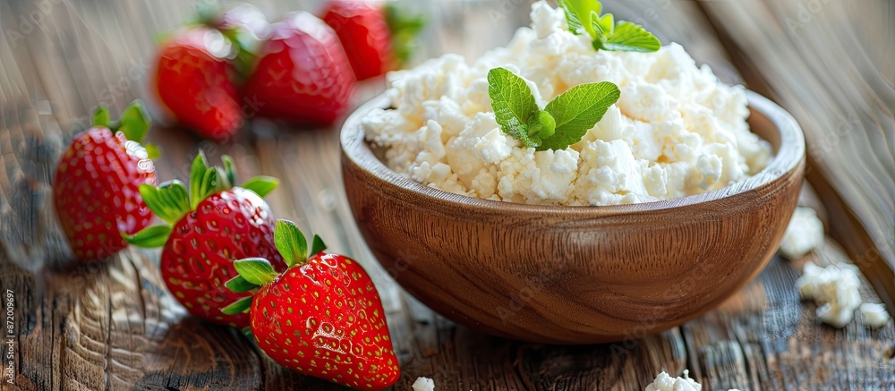 Poster selective focus image of cottage cheese with preserved strawberries in a wooden bowl on an oak table