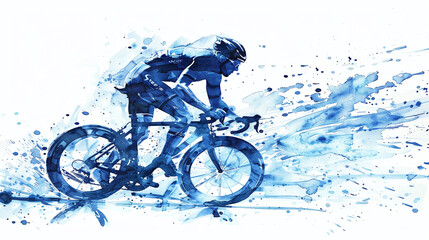 Blue Ink Painting of fast Cyclist Silhouette: Light Blue Watercolor Style with Splash Effects.