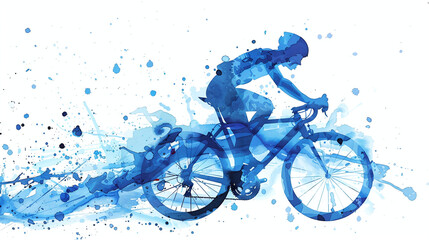 Blue Ink Painting of fast Cyclist Silhouette: Light Blue Watercolor Style with Splash Effects.