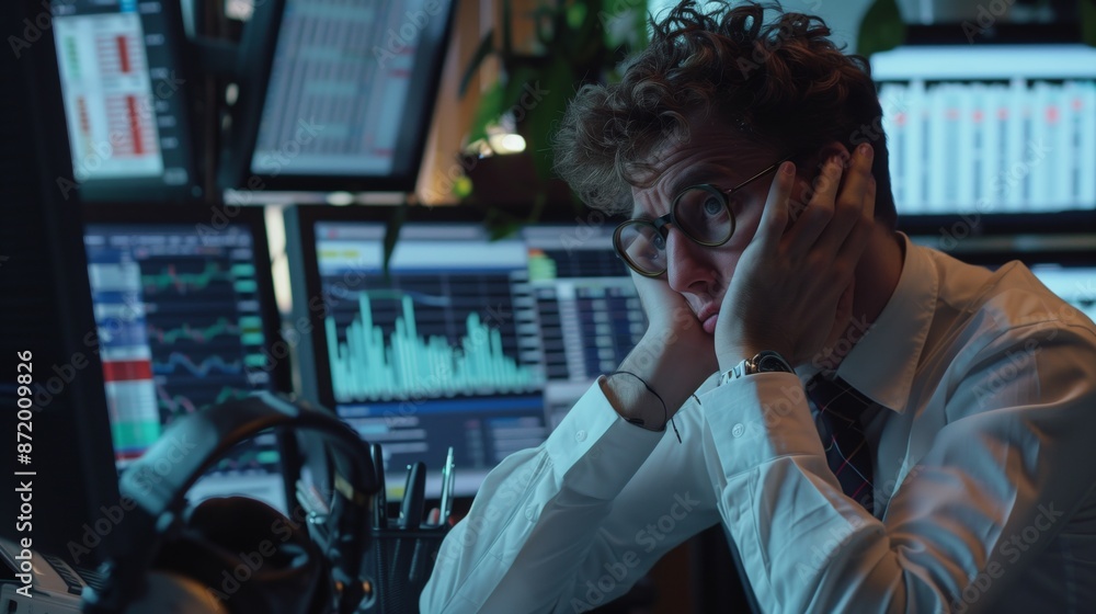 Poster A tired trader sits at his desk, his head resting on his hands, as he looks at financial charts on his computer screen. The room is dimly lit, creating a somber atmosphere.