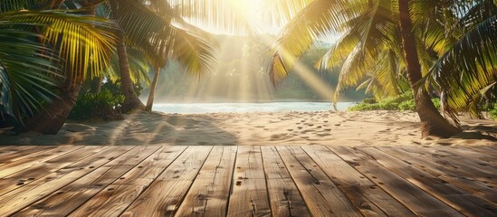 Vintage beach scene on wooden table for product display with sun rays filtering through palm trees, creating a copy space image in a nature-inspired setting.