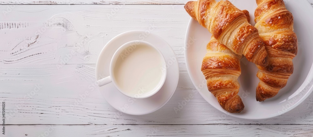 Poster a cup of milk and crescent rolls displayed on a white wooden table, with a clear view from above, id