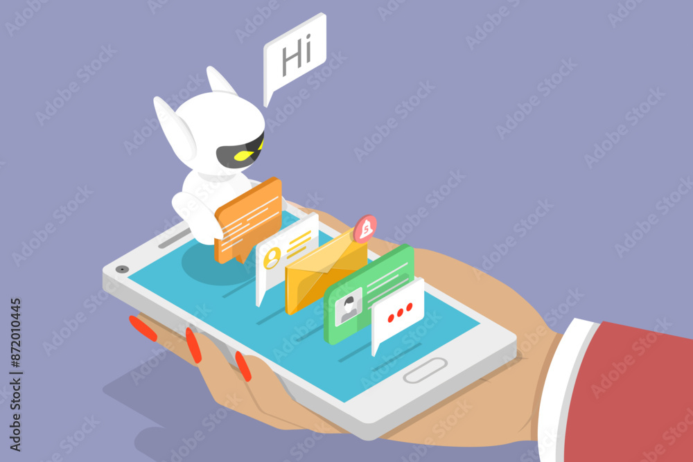 Aufkleber 3d isometric flat vector illustration of mobile chatbot, app for sms messaging on smartphone with ch