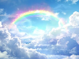 Mesmerizing Rainbow in the Sky with Soft White Fluffy Clouds, Creating an Enchanting Dreamy Background. High Resolution Digital Art with Pastel Colors and Intricate Details for Fantasy Designs. 