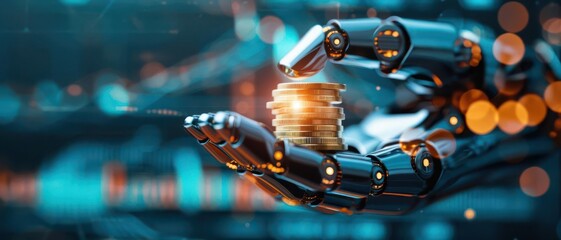 A robotic hand holding a gold coin with a financethemed backdrop
