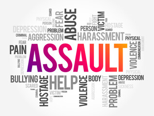 Fototapeta premium Assault - act of committing physical harm or unwanted physical contact upon a person, word cloud concept background