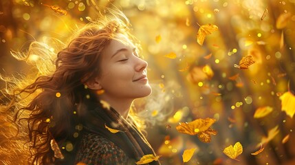 Fototapeta premium Young woman enjoying the autumn forest smiling with carefree joy. 