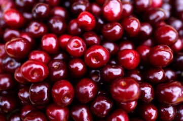 Cherry background, texture. Lots of cherries, top view. Cherry for background and screensaver. Cherry berry wallpaper, background. Bunch of red cherries.