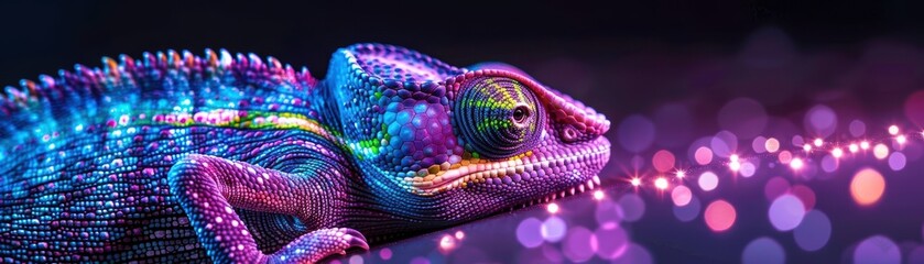 Obraz premium Close-up of a vibrant chameleon with colorful scales glowing under a dark background with bokeh lights.