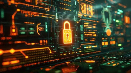 Fototapeta premium Futuristic Cybersecurity Interface with Digital Lock Symbol and Data Streams in High-Tech Environment