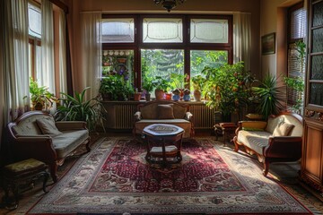Luxury living room interior with vintage furniture and green plants.