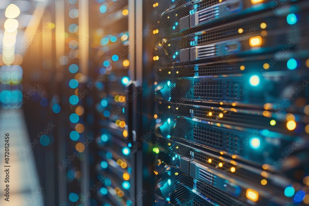 Poster a server room with rows of rack-mounted servers. the image is dark with blue lighting and warm light