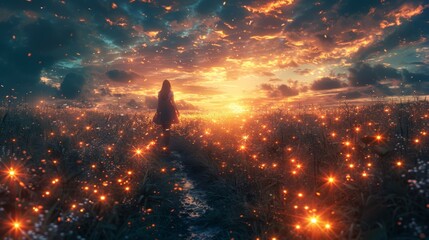 A peaceful countryside scene where fireflies create a magical pathway through the fields and meadows, their soft glow leading the