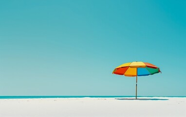 A vibrant beach umbrella stands alone on pristine white sand, its colorful canopy contrasting with the vast, blue sky.