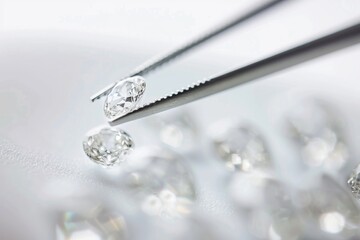close up holding diamond with tweezers, focus on the small and beautiful white oval-shaped rough gemstone, white background, minimalist design 