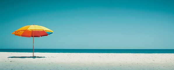 A vibrant beach umbrella stands alone on pristine white sand, with a calm, endless blue sky stretching above.
