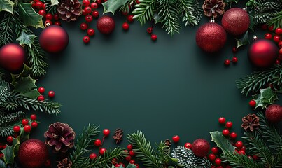 green christmas background, green, red ornaments, decorations top view christmas frame new year greeting card template.illustration