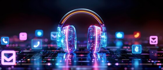 Futuristic headphones glowing with neon lights surrounded by digital icons representing music and communication on a dark background.
